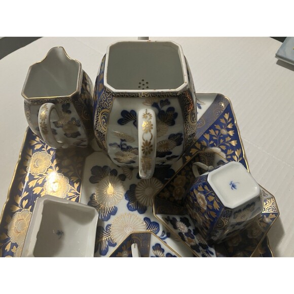 Antique 7 Piece Fukagawa Koransha Cobalt Blue and Gold Gilt Tea Set W Platter - Picture 9 of 15